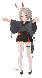 Rule 34 | 1girl, absurdres, antenna hair, artist name, black footwear, blush, coin purse, commentary request, dated, full body, grey hair, highres, koebushi (mat), looking at viewer, medium hair, original, outstretched arms, red eyes, simple background, skindentation, solo, spread arms, standing, thighhighs, white background, white thighhighs, wide sleeves, zettai ryouiki