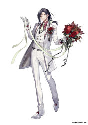 Rule 34 | 1boy, black hair, bouquet, boutonniere, buttons, coat, collared shirt, copyright notice, double-breasted, dress shoes, flower, full body, gloves, green flower, green necktie, green ribbon, green rose, groom, hair ribbon, holding, holding bouquet, holding ribbon, itefu, lapel pin, leaf, looking at viewer, low ponytail, male focus, monocle, necktie, nijisanji, official art, orange eyes, pants, parted bangs, parted lips, red flower, red rose, red shirt, ribbon, rose, shellin burgundy, shirt, simple background, smile, solo, tassel, tie clip, vest, virtual youtuber, white background, white coat, white footwear, white gloves, white pants, white vest
