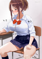 Rule 34 | 1girl, artist name, blue eyes, blue skirt, bouncing breasts, bow, bowtie, breasts, brown hair, button gap, chair, closed mouth, collared shirt, commentary request, grey background, kaisen chuui, large breasts, motion lines, on chair, original, red bow, red bowtie, shirt, short hair, sidelocks, sitting, skirt, solo, table, thighs, white shirt