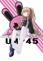 Rule 34 | 1girl, aged down, animal bag, ascot, brown hair, character name, commentary request, dated, diestren, dress, feet, girls&#039; frontline, highres, licking lips, long hair, long sleeves, looking down, official alternate costume, one side up, pantyhose, rabbit bag, scar, scar across eye, scar on face, shoes, single shoe, sitting, soles, solo, tongue, tongue out, ump45 (agent lop rabbit) (girls&#039; frontline), ump45 (girls&#039; frontline), white pantyhose, yellow eyes