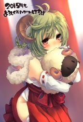 Rule 34 | 10s, 1girl, 2015, antenna hair, bare shoulders, blush, braid, cowboy shot, dated, detached sleeves, from side, green hair, hakama, hakama skirt, hip vent, horns, japanese clothes, looking at viewer, miko, new year, original, red eyes, red hakama, ribbon-trimmed sleeves, ribbon trim, sheep horns, shikino yuki, short hair, side braid, side slit, skirt, solo, standing, stuffed animal, stuffed sheep, stuffed toy, thighhighs, white thighhighs