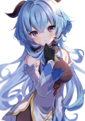 Rule 34 | 1girl, absurdres, bare shoulders, bell, black gloves, blue hair, blurry, blush, breasts, closed mouth, commentary request, cowbell, cowboy shot, detached sleeves, ganyu (genshin impact), genshin impact, gloves, goat horns, hair between eyes, hand to own mouth, hand up, highres, horns, long hair, long sleeves, looking at viewer, medium breasts, mochizuki mochi, purple eyes, simple background, solo, white background