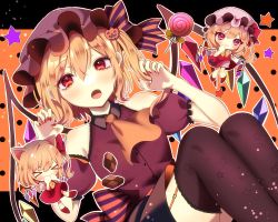 Rule 34 | 1girl, :o, alternate costume, ascot, bare shoulders, black thighhighs, blonde hair, blush, chibi, chibi inset, claw pose, commentary request, crystal, detached sleeves, dress, fang, feet out of frame, flandre scarlet, gao, garter straps, hair between eyes, hair ornament, hand up, hands up, hat, highres, jack-o&#039;-lantern, jack-o&#039;-lantern hair ornament, letterboxed, light particles, looking at viewer, mob cap, nail polish, niningani ww, one side up, open mouth, orange ascot, orange background, outline, outside border, polka dot, polka dot background, purple dress, purple hat, red eyes, red nails, short hair, short sleeves, simple background, solo, thighhighs, touhou, white outline, wings