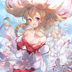 Rule 34 | + +, 1girl, :d, blush, braid, breasts, brown hair, charybdis (granblue fantasy), cleavage, collarbone, commentary request, facial mark, gloves, granblue fantasy, hair between eyes, jellyfish girl, long hair, looking at viewer, medium breasts, open mouth, red eyes, red gloves, see-through, shinia, smile, solo, steepled fingers, underwater, water, white headwear