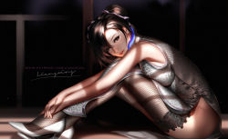 Rule 34 | 1girl, alternate costume, alternate hairstyle, artist name, black hair, china dress, chinese clothes, dark background, double bun, dress, final fantasy, final fantasy vii, final fantasy vii remake, fishnet thighhighs, fishnets, hair bun, lace, lace-trimmed legwear, lace trim, liang xing, looking at viewer, parted lips, side slit, sitting, sleeveless, smile, solo, square enix, thighhighs, tifa lockhart, wall market