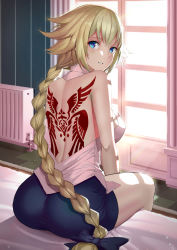 Rule 34 | 1girl, ass, back tattoo, backless outfit, backlighting, bare arms, bare shoulders, bed, between legs, black bow, blonde hair, blouse, blue eyes, blue shorts, blush, bow, braid, braided ponytail, breasts, command spell, day, fate/apocrypha, fate (series), flipped hair, from behind, hair bow, halterneck, hand between legs, heater, highres, indoors, jeanne d&#039;arc (fate), jeanne d&#039;arc (girl from orleans) (fate), jeanne d&#039;arc (ruler) (fate), kakekcaboel, long hair, looking back, medium breasts, on bed, parted bangs, shirt, short shorts, shorts, sideboob, single braid, sitting, small breasts, solo, sunlight, tattoo, thighs, very long hair, white shirt, window