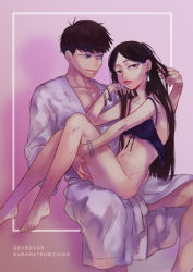 Rule 34 | 10s, 1boy, 1girl, 2016, 24f, bad id, bad pixiv id, barefoot, bathrobe, black eyes, black hair, blue eyes, border, bottomless, bra, bracelet, character name, closed mouth, earrings, hand on another&#039;s thigh, head rest, hetero, holding, holding hair, ichiko (osomatsu-san), jewelry, lipstick, long hair, looking at another, looking at viewer, loose clothes, makeup, matsuno karamatsu, md5 mismatch, messy hair, navel, open bra, osomatsu-kun, osomatsu-san, osomatsu (series), parted bangs, parted lips, red lips, resolution mismatch, sitting, sitting on lap, sitting on person, smile, source larger, stomach, underwear, very long hair