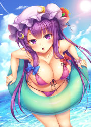 Rule 34 | 1girl, :o, bikini, blue bow, blue sky, blunt bangs, blush, bow, breasts, cleavage, cloud, cloudy sky, collarbone, crescent, crescent hair ornament, day, front-tie bikini top, front-tie top, hair bow, hair ornament, hairpin, hat, highres, innertube, large breasts, leaning forward, long hair, looking at viewer, mob cap, outdoors, patchouli knowledge, purple bikini, purple eyes, purple hair, red bow, side-tie bikini bottom, sidelocks, skindentation, sky, solo, summer, sun, sunlight, swim ring, swimsuit, thigh gap, touhou, water, wrist cuffs, yuki usagi (snowcanvas)