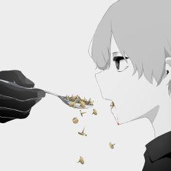 Rule 34 | 1boy, avogado6, black eyes, black gloves, bleeding, blood, eating, expressionless, from side, gloves, holding, holding spoon, looking at another, looking away, male focus, original, partially colored, profile, simple background, solo focus, spoon, tears, thumbtack, white background