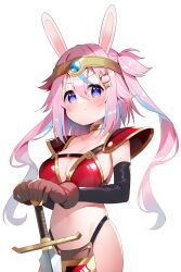 Rule 34 | &gt;:), 1girl, absurdres, animal ears, armor, bikini armor, black sleeves, blue hair, blush, breasts, brown gloves, circlet, cleavage, closed mouth, collarbone, commentary request, gloves, hair between eyes, hair ornament, hairclip, hands on hilt, highleg, highres, indie virtual youtuber, long hair, long sleeves, looking at viewer, medium breasts, meito (maze), mitsuki shio, multicolored hair, navel, pauldrons, pink hair, purple eyes, rabbit ears, rabbit hair ornament, shoulder armor, sidelocks, simple background, skindentation, smile, solo, streaked hair, sword, twintails, v-shaped eyebrows, very long hair, virtual youtuber, weapon, white background, x hair ornament