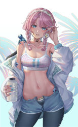 Rule 34 | 1girl, :d, adjusting hair, arknights, bare shoulders, blue eyes, blue nails, blue poison (arknights), blue poison (shoal beat) (arknights), bottle, braid, breasts, camisole, choker, cleavage, earrings, frog, hairband, highres, holding, jacket, jewelry, large breasts, long hair, looking at viewer, midriff, nail polish, navel, off shoulder, official alternate costume, open mouth, pink choker, pink hair, smile, solo, spaghetti strap, sports bra, stomach, twin braids, unzipped, white jacket, yf (hbyg)