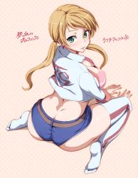 Rule 34 | 1girl, ass, back, belt, bikini, blonde hair, blue shorts, blush, breasts, brown hair, butt crack, cleavage, crop top, cropped jacket, curvy, dimples of venus, earrings, female focus, fingernails, floating hair, from above, from behind, full body, green eyes, gundam, gundam tekketsu no orphans, heart, heart earrings, highres, hip focus, huge ass, jacket, japanese text, jewelry, kneeling, lafter frankland, large breasts, long hair, looking at viewer, looking back, low twintails, medium breasts, nail polish, no shoes, open clothes, open jacket, outline, parted lips, pink background, polka dot, polka dot background, red nails, runaru, short shorts, shorts, sitting, sleeves rolled up, smile, solo, striped clothes, striped thighhighs, swept bangs, swimsuit, thick thighs, thighhighs, thighs, twintails, wariza, white jacket, white thighhighs, wide hips