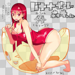 Rule 34 | &gt; o, 1girl, :&lt;, ass, banana, breast press, breasts, checkered background, chibi, chibi inset, cleavage, dated, food, fruit, grin, large breasts, long hair, mori hikiko, on banana, one-piece swimsuit, one eye closed, original, red eyes, red hair, red one-piece swimsuit, smile, solo, swimsuit, takayama toshinori, wink