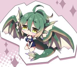 Rule 34 | 1girl, ahoge, bare arms, bare shoulders, barefoot, blue one-piece swimsuit, blush, breasts, brown hair, brown wings, chibi, cleavage, closed mouth, commentary request, dragon girl, dragon tail, dragon wings, feet, fins, gradient hair, green hair, green plesioth, hair between eyes, halftone, halftone background, head fins, large breasts, looking at viewer, milkpanda, monster hunter (series), multicolored hair, old school swimsuit, one-piece swimsuit, personification, ponytail, school swimsuit, sitting, solo, sparkle, swimsuit, tail, wings, yellow eyes, yokozuwari