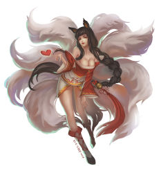 Rule 34 | 1girl, ahri (league of legends), animal ears, bare shoulders, bell, black hair, braid, breasts, cleavage, detached sleeves, fox ears, fox tail, heart, league of legends, long hair, multiple tails, single braid, solo, tail, very long hair, white background, xiongmao pai tang bao, yellow eyes