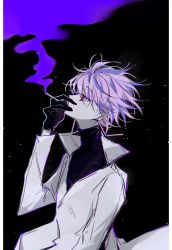 Rule 34 | 1boy, absurdres, black gloves, black sweater, cigarette, coat, colored skin, commentary request, earrings, gloves, highres, holding, holding cigarette, jewelry, korean commentary, light particles, long sleeves, male focus, open clothes, open coat, purple hair, red eyes, saibou shinkyoku, short hair, smoke, smoking, solo, sweater, theodore riddle, turtleneck, turtleneck sweater, vender, white coat, white skin