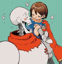 Rule 34 | 1boy, 1other, androgynous, aqua background, blue shorts, blue sweater, blush stickers, brown hair, carrying, carrying person, chara (undertale), child, closed eyes, flower, gloves, highres, ippaiotabe mkw, laughing, orange scarf, papyrus (undertale), person on shoulder, red gloves, red scarf, scarf, short hair, shorts, skeleton, smile, socks, striped clothes, striped sweater, sweater, teeth, undertale, white flower, white footwear, white socks