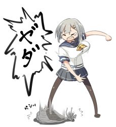 Rule 34 | 10s, 1girl, breasts, crying, closed eyes, full body, grey hair, hair ornament, hair over one eye, hairclip, hamakaze (kancolle), kantai collection, kei (soundcross), large breasts, meme attire, pantyhose, school uniform, serafuku, shouting, simple background, solo, sweater, tears, throwing, virgin killer sweater, white background