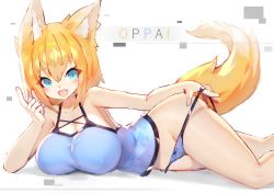 Rule 34 | 1girl, animal ear fluff, animal ears, bare arms, bare legs, bare shoulders, blue eyes, blue panties, blush, bow, bow panties, breasts, covered navel, eyebrows, fang, fox ears, fox tail, hair between eyes, hip focus, large breasts, lifting own clothes, looking at viewer, lying, mamuru, on side, open mouth, original, panties, panty lift, panty pull, pulling own clothes, see-through, short hair, smile, solo, tail, tank top, thighs, underwear