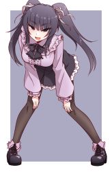 Rule 34 | 1girl, :d, black footwear, black hair, black skirt, breasts, brown pantyhose, center frills, commentary request, frilled skirt, frilled sleeves, frills, full body, grey background, hair ribbon, highres, ikune juugo, jirai kei, leaning forward, long hair, long sleeves, looking at viewer, medium breasts, mole, mole under eye, open mouth, original, pantyhose, puffy long sleeves, puffy sleeves, purple eyes, purple shirt, ribbon, shirt, shoes, skirt, sleeves past wrists, smile, solo, standing, thick eyebrows, twintails, two-tone background, very long hair, white background, white ribbon