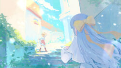 Rule 34 | 2girls, absurdres, ahoge, anisphia wynn palettia, blonde hair, blue sky, boots, brown footwear, building, cape, commentary, dated, day, english commentary, euphyllia magenta, grey hair, highres, jacket, light particles, long hair, long sleeves, medium hair, multiple girls, open mouth, outdoors, pink skirt, ribbon, rnna, signature, skirt, sky, smile, stairs, tensei oujo to tensai reijou no mahou kakumei, waving, white cape, white jacket, yellow ribbon