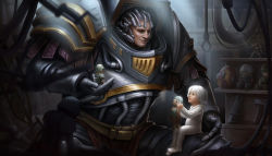 Rule 34 | 2boys, armor, cable, doll, gauntlets, highres, holding, holding doll, military, multiple boys, pauldrons, perturabo, power armor, praetor suit, science fiction, shoulder armor, smile, soldier, space marine, toy, warhammer 40k, white hair, yangzheyy