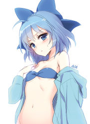 Rule 34 | 1girl, ahoge, an2a, artist name, bandeau, bikini, bikini top only, blue bikini, blue eyes, blue hair, blush, bow, breasts, cirno, female focus, hair bow, looking at viewer, matching hair/eyes, navel, off shoulder, open clothes, short hair, simple background, sketch, small breasts, solo, stomach, strapless, strapless bikini, swimsuit, touhou, white background