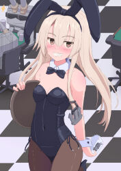 Rule 34 | 1girl, alternate costume, animal ears, black bow, black bowtie, black hairband, black leotard, black pantyhose, blonde hair, bow, bowtie, breasts, brown eyes, card, covered navel, detached collar, fake animal ears, hairband, highleg, highleg leotard, highres, holding, holding card, holding tray, kantai collection, leotard, long hair, looking at viewer, pantyhose, playboy bunny, playing card, rabbit ears, rensouhou-chan, shimakaze (kancolle), side-tie leotard, small breasts, smile, solo, strapless, strapless leotard, traditional bowtie, tray, tsukimoto reiji