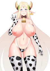 Rule 34 | 1girl, animal print, bad id, bad pixiv id, bell, bikini, blonde hair, blue eyes, blush, breasts, breasts apart, cawfield, cerestia of life, circlet, collar, cow print, ear tag, elbow gloves, elf, female pubic hair, gloves, hair between eyes, highleg, highleg bikini, highres, huge breasts, last origin, long hair, long pointy ears, looking at viewer, md5 mismatch, moderate pubic hair, navel, neck bell, nipples, open mouth, pointy ears, pubic hair, pubic hair peek, smile, solo, swimsuit, thighhighs, topless, very long hair, waving
