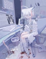 Rule 34 | 1girl, absurdres, ahoge, animal ears, axe, bikini, binder, black bikini, blood, blue eyes, book, broken cup, cat ears, chair, character doll, clipboard, coat, computer, curtains, eyepatch, highres, huge ahoge, keyboard (computer), knife in head, looking at viewer, loose socks, mary janes, medical eyepatch, micro bikini, microscope, mouse (computer), multicolored hair, object through head, office chair, original, outo eguchi, pen, see-through, see-through shirt, shattered, shoes, short hair, socks, solo, streaked hair, swimsuit, swivel chair, trash can, white coat, white footwear, white hair, white legwear, white theme, x-ray film