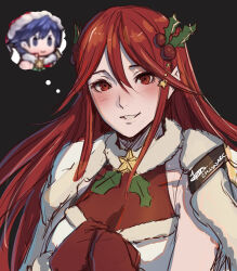 Rule 34 | 1boy, 1girl, alternate costume, bare shoulders, blue eyes, blue hair, blush, breasts, cape, chibi, christmas, chrom (fire emblem), chrom (winter) (fire emblem), cm lynarc, cordelia (fire emblem), cordelia (winter) (fire emblem), fire emblem, fire emblem awakening, fire emblem heroes, fur trim, hair between eyes, hair ornament, hat, long hair, looking at viewer, matching hair/eyes, medium breasts, mistletoe, nintendo, official alternate costume, open mouth, red eyes, red hair, santa hat, short hair, simple background, smile, star (symbol), thought bubble, upper body