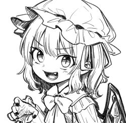 Rule 34 | 1girl, :d, bow, bowtie, claw pose, crystal, fangs, flandre scarlet, greyscale, hand up, hat, highres, long sleeves, looking at viewer, medium hair, mob cap, monochrome, oninamako, open mouth, shirt, simple background, smile, solo, touhou, upper body, white background, wings