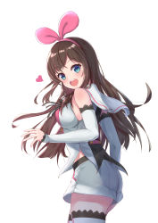 Rule 34 | 1girl, :d, absurdres, blue eyes, blush, breasts, brown hair, commentary, cowboy shot, detached sleeves, hair ribbon, hairband, heart, highres, kizuna ai, kizuna ai inc., long hair, long sleeves, looking at viewer, looking to the side, medium breasts, multicolored hair, open mouth, pink hair, pink hairband, pink ribbon, revision, ribbon, shirt, short shorts, shorts, simple background, sleeveless, sleeveless shirt, sleeves past wrists, smile, solo, streaked hair, teeth, thighhighs, upper teeth only, very long hair, virtual youtuber, wang man, white background, white shirt, white shorts, white sleeves, white thighhighs