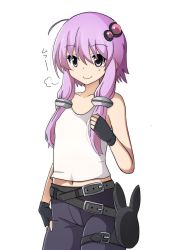 Rule 34 | 1girl, puff of air, ahoge, alternate costume, bare arms, belt, black gloves, blush, commentary request, cowboy shot, fingerless gloves, gia (abab0707), gloves, hair ornament, highres, looking at viewer, playerunknown&#039;s battlegrounds, purple eyes, purple hair, shirt, short hair with long locks, sidelocks, simple background, smile, solo, vocaloid, voiceroid, white background, white shirt, yuzuki yukari