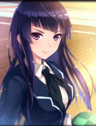 Rule 34 | 1girl, artist request, black neckwear, black ribbon, blush, highres, long hair, looking at viewer, masamune (phantom of the kill), official art, phantom of the kill, purple eyes, purple hair, ribbon, school uniform, smile, solo, wooden floor