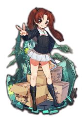 Rule 34 | 10s, 1girl, black footwear, black ribbon, black socks, blue jacket, boots, box, bread, brown eyes, brown hair, building, cardboard box, collaboration, commentary request, faux figurine, food, full body, girls und panzer, green shirt, grin, hair ribbon, hand on own hip, holding, holding food, jacket, kadotani anzu, last period, long hair, long sleeves, looking at viewer, military, military uniform, miniskirt, night, official art, ooarai military uniform, outdoors, parted bangs, pleated skirt, ribbon, shirt, skirt, smile, socks, solo, standing, transparent background, twintails, uniform, v, v-shaped eyebrows, white skirt, zipper