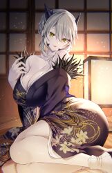 Rule 34 | 1girl, artoria pendragon (lancer alter) (fate), breasts, cleavage, emanon123, fate/grand order, fate (series), grey hair, highres, japanese clothes, kimono, large breasts, looking at viewer, smile, solo, yellow eyes