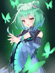 Rule 34 | 1girl, :d, blue dress, blush, bug, butterfly, commentary request, detached collar, detached sleeves, double bun, dress, gradient background, green butterfly, green hair, hair bun, hair ornament, hands up, highres, hololive, insect, juliet sleeves, light particles, long sleeves, looking at viewer, open mouth, own hands together, puffy sleeves, red eyes, short hair, simito dayo, skull hair ornament, smile, solo, upper body, uruha rushia, uruha rushia (1st costume), virtual youtuber, wide sleeves