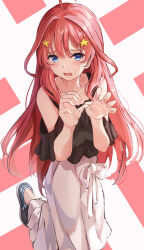 Rule 34 | 1girl, absurdres, ahoge, bare shoulders, black footwear, black shirt, blue eyes, blush, collarbone, commentary, eyelashes, feet out of frame, fingernails, frown, furrowed brow, go-toubun no hanayome, hair between eyes, hair ornament, hands up, highres, kneeling, long hair, long skirt, looking at viewer, nakano itsuki, open mouth, paw pose, pleated skirt, raikun raikun, red background, red hair, ribbon, shirt, shoes, sidelocks, simple background, skirt, sneakers, solo, star (symbol), star hair ornament, very long hair, wavy hair, wavy mouth, white background, white ribbon, white shirt