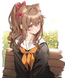 Rule 34 | 1girl, animal ear fluff, animal ears, black shirt, blush, bow, brown hair, extra ears, hair between eyes, hair bow, highres, long hair, looking at viewer, looking away, looking to the side, neckerchief, nyum, on bench, open mouth, original, parted lips, purple eyes, red bow, sailor collar, shirt, sidelocks, solo, upper body, white sailor collar, yellow neckerchief