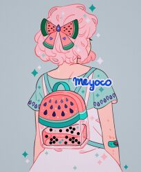 Rule 34 | 1girl, artist name, backpack, bag, bandaid, bow, bubble tea, food, from behind, fruit, grey background, hair bow, heart, highres, liquid, meyoco, original, pink hair, short hair, short sleeves, simple background, solo, transparent, upper body, watermelon
