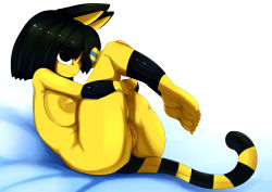 Rule 34 | 1girl, :&lt;, absurdres, animal crossing, animal ears, ankha (animal crossing), arm warmers, ashraely, ass, barefoot, bed sheet, black eyes, black hair, blunt bangs, breasts, cat ears, cat tail, cleft of venus, closed mouth, colored skin, egyptian, female focus, from side, full body, furry, furry female, hair ornament, highres, huge breasts, hugging own legs, large areolae, leaning back, leg warmers, legs up, matching hair/eyes, nintendo, nipples, nude, pussy, shiny clothes, shiny skin, short hair, simple background, sitting, snake hair ornament, solo, tail, uncensored, white background, yellow skin