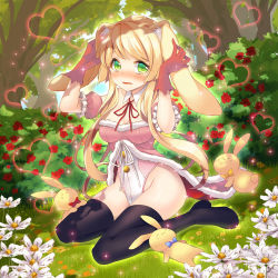 Rule 34 | 1girl, :3, animal ears, black thighhighs, blonde hair, blush, boots, bow, bowtie, breasts, bush, buttons, detached collar, detached sleeves, dungeons lord, flower, forest, frills, full body, fur trim, gloves, glowing, grass, green eyes, groin, heart, high heel boots, high heels, highleg, highleg leotard, himedatsu! dungeons lord, kidatsu! dungeons lord, kyoma (yellowxcake), leotard, long hair, looking at viewer, lying, nature, neck ribbon, nose blush, on back, on ground, open mouth, outdoors, outline, palme (kidatsu), pink gloves, puffy detached sleeves, puffy sleeves, rabbit, rabbit ears, ribbon, sidelocks, sitting, sky, solo, sparkle, thigh boots, thigh grab, thighhighs, tree, very long hair, wariza