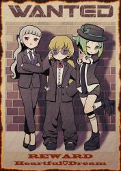 Rule 34 | 3girls, adjusting eyewear, black footwear, black headwear, black jacket, black necktie, black pants, black shorts, black suit, blonde hair, blunt bangs, boots, brick wall, candy, closed mouth, collared shirt, commentary request, crossed arms, english text, fedora, food, formal, full body, green eyes, green hair, grey hair, hand on own hip, hat, highres, idol time pripara, jacket, koda michiru, koyoshi yoko, lollipop, long hair, long sleeves, looking at viewer, low twintails, miichiru (pripara), multiple girls, necktie, nijiiro nino, one eye closed, open mouth, outstretched arms, oversized clothes, own hands together, pants, ponytail, poster (medium), pretty series, pripara, purple eyes, red eyes, shirt, short hair, shorts, smile, socks, standing, standing on one leg, suit, suit jacket, sunglasses, twintails, wanted, wavy hair, white shirt, white socks, yumekawa yui