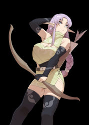 Rule 34 | 1girl, absurdres, ah-lyong lee, arrow (projectile), belt, black gloves, black thighhighs, blue eyes, bow (weapon), braid, cleavage cutout, clothing cutout, elf, gloves, green skirt, highres, long hair, pointy ears, purple hair, quiver, skirt, solo, tagme, thighhighs, very long hair, weapon