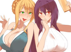 Rule 34 | 2girls, :d, artoria pendragon (fate), artoria pendragon (lancer) (fate), bad id, bad pixiv id, bare shoulders, blonde hair, blush, braid, braided bun, breasts, cellphone, cleavage, covered erect nipples, fate/grand order, fate (series), green eyes, hair bun, large breasts, long hair, multiple girls, open mouth, phone, purple hair, red eyes, scathach (fate), simple background, sleeveless, smartphone, smile, tongue, tongue out, white background, yostxxx