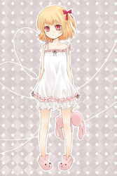 Rule 34 | 1girl, animal slippers, blonde hair, bloomers, bunny slippers, camisole, child, female focus, highres, kutsuna ayumu, off shoulder, rabbit, rumia, short hair, side ponytail, slippers, solo, standing, strap slip, stuffed animal, stuffed rabbit, stuffed toy, touhou, underwear
