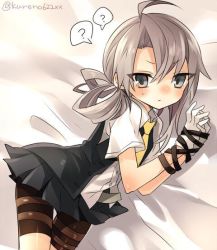 Rule 34 | 10s, 1girl, ?, bad id, bad twitter id, bdsm, bondage, bound, bound wrists, gloves, grey eyes, grey hair, kantai collection, kureno622, looking at viewer, lying, necktie, nowaki (kancolle), on side, orqz, pleated skirt, skirt, solo, yellow necktie