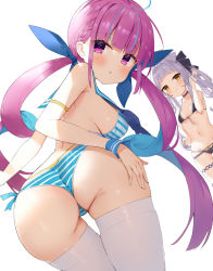 Rule 34 | 2girls, :3, :o, animal ears, armpit crease, ass, bare shoulders, bikini, black bikini, blue bikini, blue hair, blue ribbon, blush, braid, breasts, cat ears, chinese commentary, choker, colored inner hair, commentary request, cowboy shot, drill hair, duplicate, from behind, hair ribbon, hololive, large breasts, long hair, looking at viewer, looking back, minato aqua, multicolored hair, multiple girls, murasaki shion, navel, pink eyes, pink hair, purple choker, ribbon, silver hair, simple background, small breasts, standing, stomach, striped bikini, striped clothes, swimsuit, thighhighs, twin drills, twintails, very long hair, virtual youtuber, wading, water, white background, white legwear, yellow eyes, zhiyou ruozhe