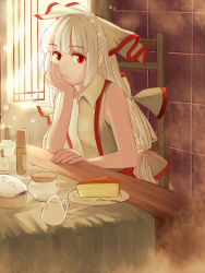 Rule 34 | 1girl, bare arms, cheesecake, fujiwara no mokou, hair ribbon, hand on own face, hand rest, head rest, jar, light particles, light rays, long hair, looking at viewer, miyo (ranthath), open window, plate, ponytail, red eyes, ribbon, shirt, sitting, sleeveless, sleeveless shirt, solo, sunbeam, sunlight, table, tablecloth, tile wall, tiles, touhou, white hair, window